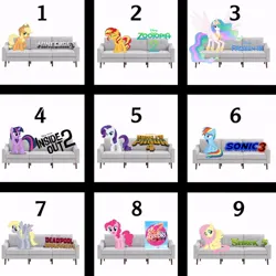 Size: 640x640 | Tagged: safe, artist:faultapprehensive574, derpibooru import, applejack, derpy hooves, fluttershy, pinkie pie, princess celestia, rainbow dash, rarity, sunset shimmer, twilight sparkle, alicorn, earth pony, pegasus, pony, unicorn, g4, barbie, barbie (film), couch, deadpool and wolverine, female, frozen (movie), frozen 3, horn, image, inside out, inside out 2, jpeg, kung fu panda, kung fu panda 4, mare, minecraft, minecraft movie, shrek, shrek 5, simple background, sonic the hedgehog (series), sonic the hedgehog 3 (film), unicorn twilight, white background, zootopia, zootopia 2