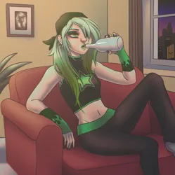 Size: 1415x1419 | Tagged: safe, artist:byefella, derpibooru import, oc, oc:sin rush, unofficial characters only, human, alcohol, arm warmers, bandana, belly, belly button, bottle, breasts, clothes, couch, drink, drinking, ear piercing, earring, eyeshadow, female, humanized, humanized oc, image, jewelry, lipstick, makeup, midriff, nail polish, pants, piercing, png, shirt, socks, solo, sweatpants