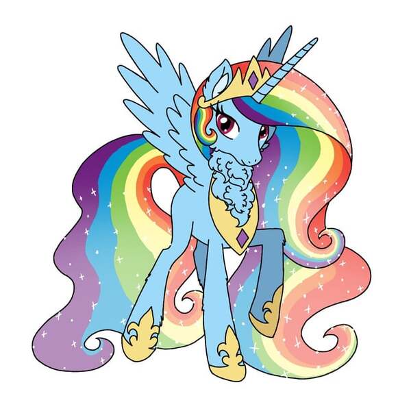 Size: 640x640 | Tagged: safe, artist:saturaed_acidity, derpibooru import, princess celestia, rainbow dash, alicorn, pony, g4, alicornified, cheek fluff, crown, ear fluff, ethereal mane, female, gauntlet, image, jewelry, jpeg, mare, neck fluff, palette swap, peytral, race swap, rainbowcorn, raised hoof, recolor, regalia, simple background, solo, sparkling mane, spread wings, white background, wings