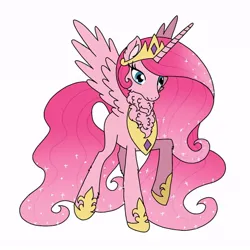 Size: 640x640 | Tagged: safe, artist:saturaed_acidity, derpibooru import, pinkie pie, princess celestia, alicorn, pony, g4, alicornified, cheek fluff, crown, ear fluff, ethereal mane, female, gauntlet, image, jewelry, jpeg, mare, neck fluff, palette swap, peytral, pinkiecorn, race swap, raised hoof, recolor, regalia, simple background, solo, sparkling mane, spread wings, white background, wings, xk-class end-of-the-world scenario