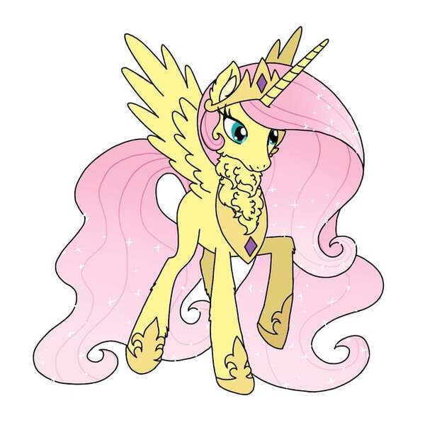 Size: 640x640 | Tagged: safe, artist:saturaed_acidity, derpibooru import, fluttershy, princess celestia, alicorn, pony, g4, alicornified, cheek fluff, crown, ear fluff, ethereal mane, female, fluttercorn, gauntlet, image, jewelry, jpeg, mare, neck fluff, palette swap, peytral, race swap, raised hoof, recolor, regalia, simple background, solo, sparkling mane, spread wings, white background, wings