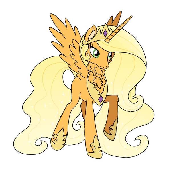 Size: 640x640 | Tagged: safe, artist:saturaed_acidity, derpibooru import, applejack, princess celestia, alicorn, pony, g4, alicornified, applecorn, cheek fluff, crown, ear fluff, ethereal mane, female, freckles, gauntlet, image, jewelry, jpeg, mare, neck fluff, palette swap, peytral, race swap, raised hoof, recolor, regalia, simple background, solo, sparkling mane, spread wings, white background, wings