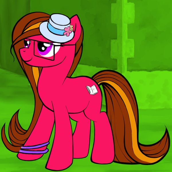 Size: 1024x1024 | Tagged: safe, derpibooru import, oc, unofficial characters only, earth pony, pony, g4, >:), avatar maker: pony, bracelet, eyestrain warning, female, glasses, green background, hat, image, jewelry, layering error, librarian, magenta eyes, mare, png, simple background, solo