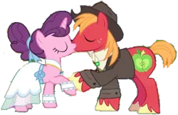 Size: 331x213 | Tagged: safe, derpibooru import, edit, edited screencap, editor:pascalmulokozi2, screencap, big macintosh, sugar belle, earth pony, pony, unicorn, g4, season 9, the big mac question, spoiler:s09, bolo tie, clothes, dress, female, hat, horn, image, kiss on the lips, kissing, male, marriage, married couple, my little pony, not a vector, png, romance, romantic, shipping, simple background, stallion, straight, sugarmac, transparent background, vest, wedding, wedding dress, wedding suit