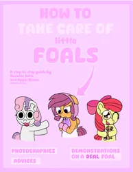 Size: 3367x4330 | Tagged: safe, artist:snowflakepone, derpibooru import, apple bloom, scootaloo, sweetie belle, earth pony, pegasus, pony, unicorn, age regression, ageplay, book cover, cover, cutie mark crusaders, diaper, diaper fetish, female, fetish, filly, foal, guide, guidebook, horn, image, png, simple background, trio, younger