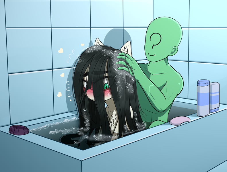 Size: 3848x2920 | Tagged: safe, artist:dibujito, derpibooru import, edit, oc, oc:anon, oc:floor bored, bags under eyes, bath, bathing together, bathroom, bathtub, blushing, chest fluff, conditioner, cute, glasses, image, neet, png, shampoo, soap, water