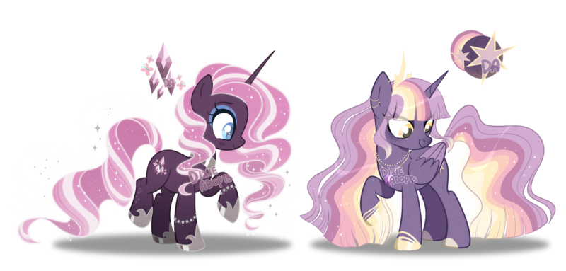 Size: 1280x612 | Tagged: safe, artist:dixieadopts, derpibooru import, oc, oc:dreamweaver bloom, oc:prismatic spell, unofficial characters only, alicorn, pony, unicorn, adoptable, alicorn oc, blue eyeshadow, blue pupils, bracelet, colored hooves, colored pupils, colored wings, colored wingtips, duo, duo female, ear piercing, earring, ethereal mane, ethereal tail, eye clipping through hair, eyeshadow, female, folded wings, glow, glowing mane, glowing tail, hoof shoes, hooves, horn, image, jewelry, long horn, magical lesbian spawn, makeup, mare, necklace, not twilight sparkle, offspring, parent:fluttershy, parent:rainbow dash, parent:rarity, parent:twilight sparkle, parents:flarity, parents:twidash, peytral, piercing, png, purple eyeshadow, raised hoof, simple background, smiling, sparkles, sparkly mane, sparkly tail, standing on two hooves, tail, tiara, transparent background, turned head, unicorn oc, wings, yellow eyes