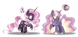 Size: 1280x612 | Tagged: safe, artist:dixieadopts, derpibooru import, oc, oc:dreamweaver bloom, oc:prismatic spell, unofficial characters only, alicorn, pony, unicorn, adoptable, alicorn oc, blue eyeshadow, blue pupils, bracelet, colored hooves, colored pupils, colored wings, colored wingtips, duo, duo female, ear piercing, earring, ethereal mane, ethereal tail, eye clipping through hair, eyeshadow, female, folded wings, glow, glowing mane, glowing tail, hoof shoes, hooves, horn, image, jewelry, long horn, magical lesbian spawn, makeup, mare, necklace, not twilight sparkle, offspring, parent:fluttershy, parent:rainbow dash, parent:rarity, parent:twilight sparkle, parents:flarity, parents:twidash, peytral, piercing, png, purple eyeshadow, raised hoof, simple background, smiling, sparkles, sparkly mane, sparkly tail, standing on two hooves, tail, tiara, transparent background, turned head, unicorn oc, wings, yellow eyes