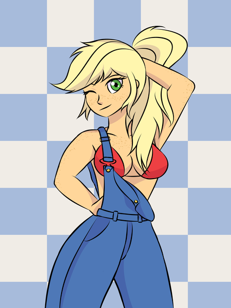 Size: 1500x2000 | Tagged: safe, artist:artevi, derpibooru import, applejack, human, equestria girls, g4, alternate hairstyle, arm behind head, bikini, checkered background, clothes, freckles, hand on hip, hatless, image, looking at you, missing accessory, overalls, png, ponytail, solo, swimsuit