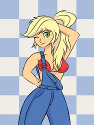 Size: 1500x2000 | Tagged: safe, artist:artevi, derpibooru import, applejack, human, equestria girls, g4, alternate hairstyle, arm behind head, bikini, checkered background, clothes, freckles, hand on hip, hatless, image, looking at you, missing accessory, overalls, png, ponytail, solo, swimsuit