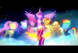 Size: 3600x2448 | Tagged: safe, artist:jaanhavi, derpibooru import, applejack, fluttershy, pinkie pie, princess twilight 2.0, rainbow dash, rarity, sunny starscout, sunset shimmer, twilight sparkle, twilight sparkle (alicorn), alicorn, earth pony, pegasus, pony, unicorn, g4, g5, my little pony: a new generation, the last problem, alicornified, artificial horn, artificial wings, augmented, blank face, cloud, commission, crown, female, hoof shoes, horn, image, jewelry, jpeg, magic, magic horn, magic wings, mane six, mare, my little pony, older, older applejack, older fluttershy, older mane six, older pinkie pie, older rainbow dash, older rarity, older twilight, older twilight sparkle (alicorn), peytral, princess shoes, race swap, regalia, shimmercorn, stars, sunnycorn, wings