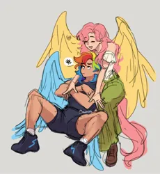 Size: 1743x1895 | Tagged: safe, artist:bunnilily, derpibooru import, fluttershy, rainbow dash, human, g4, blushing, clothes, crossed arms, cute, dashabetes, duo, duo female, eyebrows, eyebrows visible through hair, female, flutterdash, hug, hug from behind, humanized, image, jpeg, lesbian, light skin, long hair, looking sideways, muscles, muscular female, open mouth, open smile, rainbuff dash, shipping, shoes, shorts, shyabetes, skirt, smiling, sneakers, spread legs, spreading, tan skin, tsunderainbow, tsundere, winged humanization, wings