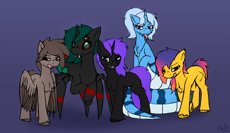 Size: 3452x2000 | Tagged: safe, artist:monycaalot, derpibooru import, oc, oc:cydelcia ádlíeg, oc:line art, oc:nightmare storm, oc:triksa, oc:wax feather, unofficial characters only, changeling, earth pony, lamia, monster pony, original species, pegasus, snake, spiderpony, unicorn, earth pony oc, horn, image, looking at you, pegasus oc, png, simple background, this will end in death, unicorn oc, wings