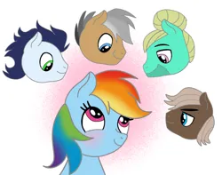 Size: 1280x1007 | Tagged: safe, artist:mrsdashskies, derpibooru import, dumbbell, quibble pants, rainbow dash, soarin', zephyr breeze, pegasus, pony, g4, blushing, dumbdash, female, image, jpeg, male, mare, ship:quibbledash, ship:zephdash, shipping, soarindash, stallion, straight