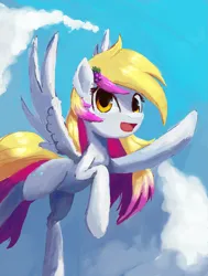 Size: 3125x4125 | Tagged: safe, artist:terrafomer, derpibooru import, derpy hooves, pegasus, pony, g4, flying, image, png, sky, smiling, solo