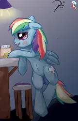 Size: 1000x1556 | Tagged: safe, artist:pun-pun, derpibooru import, rainbow dash, pegasus, pony, g4, 2012, alcohol, bar, bipedal, bipedal leaning, bits, blushing, drink, drunk, female, folded wings, image, leaning, mare, mug, one ear down, open mouth, open smile, png, signature, smiling, solo, stool, tail, wings