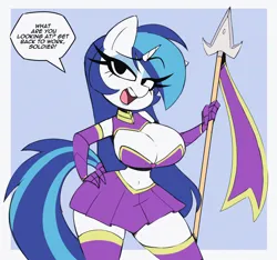 Size: 2000x1869 | Tagged: suggestive, artist:nelljoestar, derpibooru import, shining armor, anthro, pony, unicorn, g4, belly, belly button, big breasts, border, breasts, busty gleaming shield, clothes, eyebrows, eyebrows visible through hair, female, gauntlet, gleaming shield, gloves, hand on hip, horn, huge breasts, image, jpeg, lidded eyes, light blue background, lipstick, long eyelashes, long gloves, mare, midriff, open mouth, raised eyebrow, rule 63, simple background, skirt, socks, solo, solo female, spear, stockings, talking to viewer, thigh highs, weapon