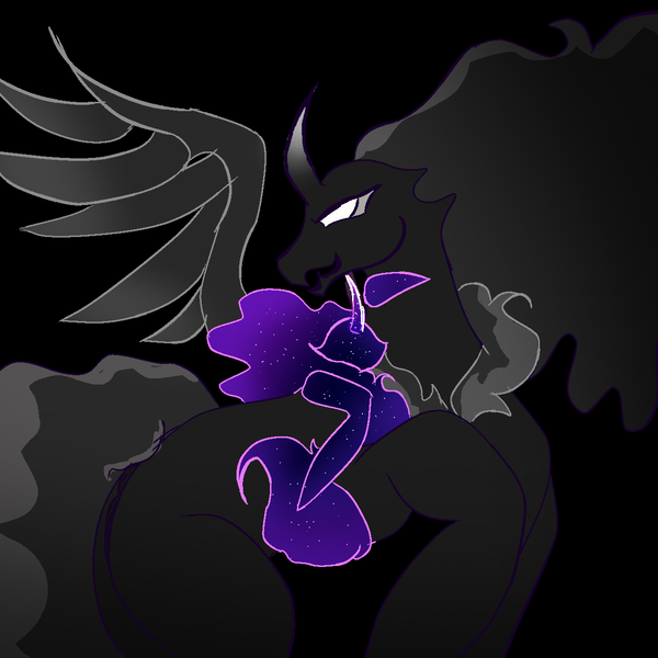 Size: 1280x1280 | Tagged: suggestive, derpibooru import, pony of shadows, tantabus, g4, female, flowing mane, flowing tail, gray eyelashes, image, male, night, no eyes, png, shadow, shipping, straight, tail, tantashadow, white eyes