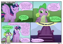 Size: 4960x3508 | Tagged: safe, artist:sweetielover, derpibooru import, spike, twilight sparkle, alicorn, dragon, pony, comic:scales at school, g4, comic, countryside, dialogue, door, duo, entrance, eyes closed, female, folded wings, image, male, png, spread wings, webcomic, wings