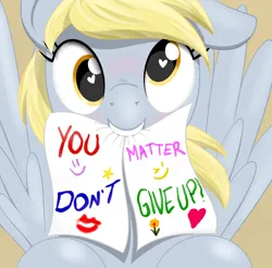 Size: 984x968 | Tagged: safe, artist:eels, derpibooru import, edit, derpy hooves, pegasus, pony, g4, bust, cute, derpabetes, don't dead open inside, female, heart, heart eyes, image, looking at you, mare, meme, mouth hold, paper, png, positive message, positive ponies, smiling, smiling at you, solo, wingding eyes