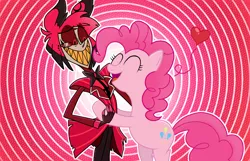 Size: 1648x1060 | Tagged: safe, artist:wisemalejandro, derpibooru import, pinkie pie, g4, alastor, crossover, female, hazbin hotel, hellaverse, image, male, pink background, png, ring background, simple background