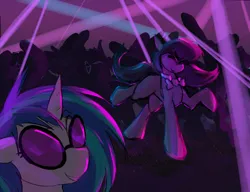 Size: 2400x1841 | Tagged: safe, artist:candel, derpibooru import, octavia melody, vinyl scratch, earth pony, pony, unicorn, g4, bowtie, club, crowd, dancing, female, horn, image, mare, nightclub, png, sunglasses