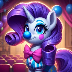 Size: 1024x1024 | Tagged: safe, ai content, derpibooru import, machine learning generated, prompter:heydude5321, rarity, pony, unicorn, g4, balloon, bowtie, clothes, clown, female, generator:bing image creator, generator:dall-e 3, horn, image, jpeg, mare, solo