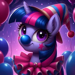 Size: 1024x1024 | Tagged: safe, ai content, derpibooru import, machine learning generated, prompter:heydude5321, twilight sparkle, pony, unicorn, g4, balloon, clown, female, generator:bing image creator, generator:dall-e 3, hat, horn, image, jpeg, mare, solo