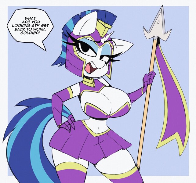 Size: 2000x1869 | Tagged: suggestive, alternate version, artist:nelljoestar, derpibooru import, shining armor, anthro, pony, unicorn, g4, belly, belly button, big breasts, border, breasts, busty gleaming shield, clothes, eyebrows, eyebrows visible through hair, female, gauntlet, gleaming shield, gloves, hand on hip, helmet, horn, huge breasts, image, jpeg, lidded eyes, lipstick, long eyelashes, long gloves, mare, midriff, open mouth, passepartout, raised eyebrow, rule 63, skirt, socks, solo, solo female, spear, stockings, talking to viewer, thigh highs, weapon