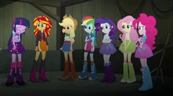 Size: 1280x714 | Tagged: safe, derpibooru import, screencap, applejack, fluttershy, pinkie pie, rainbow dash, rarity, sunset shimmer, twilight sparkle, human, equestria girls, g4, belt, boots, clothes, cowboy boots, cowboy hat, hat, high heel boots, image, jacket, jpeg, my little pony equestria girls: rainbow rocks, polka dot socks, rainbow socks, shirt, shoes, skirt, socks, striped socks, vest