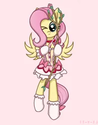 Size: 750x950 | Tagged: safe, artist:taoyvfei, derpibooru import, fluttershy, pegasus, pony, bow, bowknot, clothes, cosplay, costume, female, flower, image, leaf, madoka kaname, magical girl, png, puella magi madoka magica