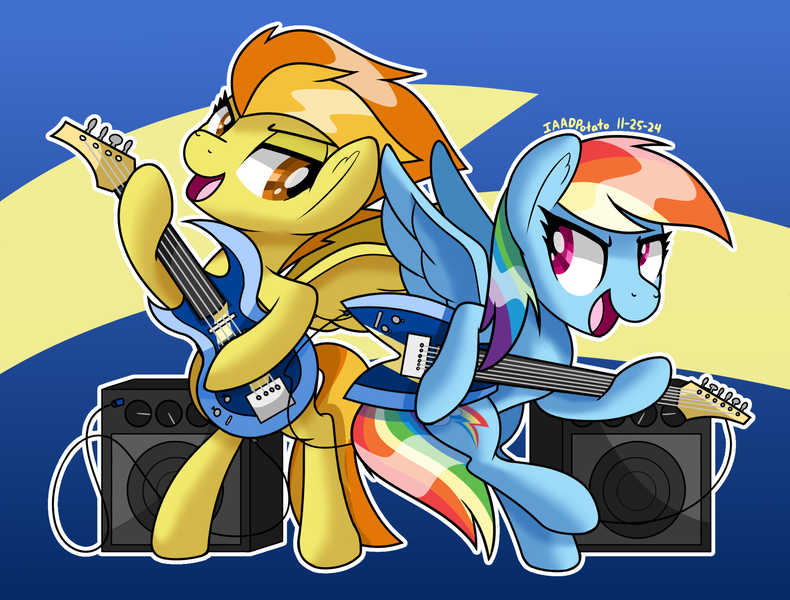 Size: 2064x1568 | Tagged: safe, artist:notadeliciouspotato, derpibooru import, rainbow dash, spitfire, pegasus, pony, g4, abstract background, bipedal, duo, duo female, electric guitar, female, guitar, hoof hold, image, lidded eyes, looking at each other, looking at someone, mare, musical instrument, open mouth, open smile, playing instrument, png, signature, smiling, speaker, spread wings, standing, standing on one leg, wings