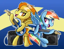 Size: 2064x1568 | Tagged: safe, artist:notadeliciouspotato, derpibooru import, rainbow dash, spitfire, pegasus, pony, g4, abstract background, bipedal, duo, duo female, electric guitar, female, guitar, hoof hold, image, lidded eyes, looking at each other, looking at someone, mare, musical instrument, open mouth, open smile, playing instrument, png, signature, smiling, speaker, spread wings, standing, standing on one leg, wings