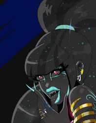 Size: 1945x2479 | Tagged: safe, artist:annon, derpibooru import, sonata dusk, human, siren, g4, arm band, bimbo, bimbo sonata, blue eyeshadow, blue lipstick, ear piercing, eyeshadow, fangs, glitter, humanized, image, jewelry, lipstick, long nails, looking at you, makeup, piercing, png, scrunchie, slit pupils, solo, tongue out, tongue piercing