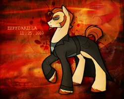 Size: 2500x2000 | Tagged: semi-grimdark, artist:zeffdakilla, derpibooru import, ponified, earth pony, pony, clothes, coat, facial hair, glasses, goatee, image, png, postal, postal dude, raised hoof, solo, standing