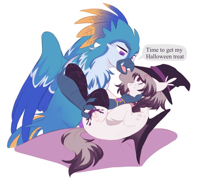 Size: 3372x3064 | Tagged: suggestive, artist:cheekipone, ponerpics import, oc, oc:gavran, unofficial characters only, bat pony, gryphon, pony, bat pony oc, bat wings, bed, bracelet, clothes, coat markings, collar, costume, dialogue, duo male and female, ear tufts, eye clipping through hair, eyebrows visible through hair, female, floppy ears, freckles, griffon oc, griffon on pony action, hairclip, halloween, halloween costume, hat, holiday, image, imminent sex, jewelry, jpeg, mare, on back, open mouth, pet play, pigtails, simple background, socks, speech bubble, spread wings, text, thigh highs, thighs, tongue out, unshorn fetlocks, white background, wings, witch costume, witch hat