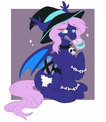 Size: 1782x2048 | Tagged: safe, artist:cheekipone, ponerpics import, oc, unofficial characters only, bat pony, pony, bat pony oc, bat wings, belt, bone, bracelet, choker, ear tufts, eye clipping through hair, eyebrows visible through hair, fangs, female, floppy ears, freckles, hat, image, jewelry, jpeg, mare, mouth hold, passepartout, pink mane, pink tail, potion, purple coat, sitting, skull, solo, sparkles, spread wings, unshorn fetlocks, wings, witch, witch hat