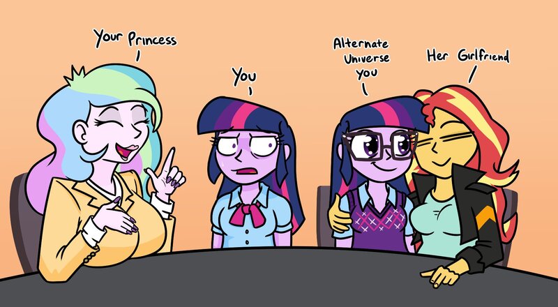 Size: 1820x1000 | Tagged: safe, artist:jargon scott, derpibooru import, princess celestia, sci-twi, sunset shimmer, twilight sparkle, human, equestria girls, g4, big breasts, breasts, busty princess celestia, busty sunset shimmer, female, image, jpeg, lesbian, open mouth, open smile, orange background, pinpoint eyes, principal celestia, ship:sci-twishimmer, shipping, side hug, simple background, smiling, sunsetsparkle, text, twolight