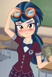 Size: 832x1216 | Tagged: safe, ai content, derpibooru import, machine learning generated, prompter:nwth, indigo zap, human, equestria girls, g4, blushing, classroom, clothes, crystal prep academy uniform, embarrassed, female, female focus, frown, goggles, goggles on head, image, indoors, jpeg, looking at you, male, money, my little pony equestria girls: friendship games, offscreen character, pov, school uniform, short sleeves, solo focus