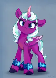 Size: 1500x2098 | Tagged: safe, artist:rutkotka, derpibooru import, opaline, alicorn, pony, g5, my little pony: make your mark, my little pony: make your mark chapter 2, spoiler:g5, spoiler:my little pony: make your mark, spoiler:my little pony: make your mark chapter 2, angry, curved horn, cute, female, folded wings, gray background, horn, image, mare, opaline arcana, opalinebetes, png, simple background, solo, unshorn fetlocks, wings