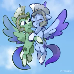 Size: 2048x2048 | Tagged: safe, artist:pfeffaroo, derpibooru import, pegasus, pony, g5, duo, duo male and female, eyes closed, female, flying, guardsmare, high res, hug, image, male, mare, png, royal guard, ship:zoomthunder, shipping, smiling, spread wings, stallion, straight, thunder flap, unshorn fetlocks, wings, zoom zephyrwing