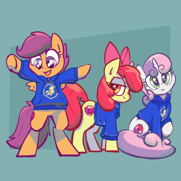 Size: 2048x2048 | Tagged: safe, artist:pfeffaroo, derpibooru import, apple bloom, scootaloo, sweetie belle, earth pony, pegasus, pony, unicorn, g4, adorabloom, apple bloom's bow, bipedal, bow, clothes, cute, cutealoo, cutie mark, cutie mark crusaders, cutie mark cuties, diasweetes, female, filly, foal, hair bow, high res, hoodie, horn, image, lidded eyes, open mouth, open smile, png, smiling, tail, the cmc's cutie marks, trio, trio female