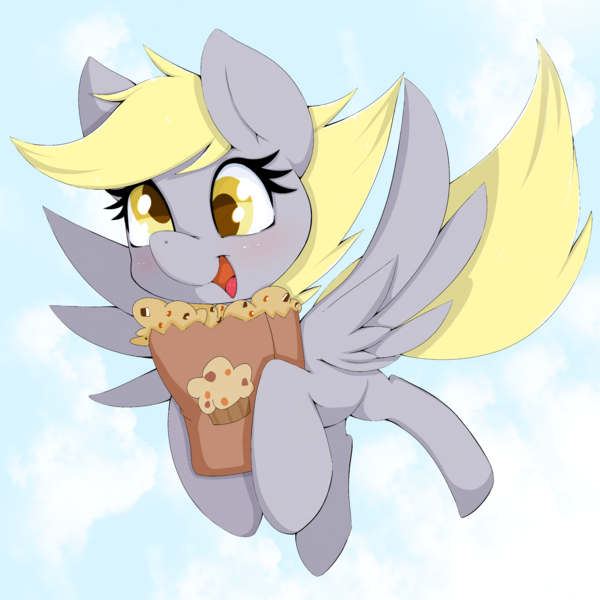 Size: 2048x2048 | Tagged: safe, artist:zokkili, derpibooru import, derpy hooves, pegasus, pony, g4, bag, cloud, cute, derp, derpabetes, female, flying, food, high res, image, mare, muffin, open mouth, open smile, outdoors, paper bag, png, sky, smiling, solo, spread wings, that pony sure does love muffins, wings