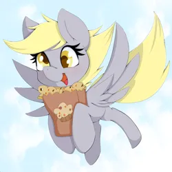 Size: 2048x2048 | Tagged: safe, artist:zokkili, derpibooru import, derpy hooves, pegasus, pony, g4, bag, cloud, derp, female, flying, food, high res, image, mare, muffin, open mouth, open smile, outdoors, paper bag, png, sky, smiling, solo, spread wings, that pony sure does love muffins, wings