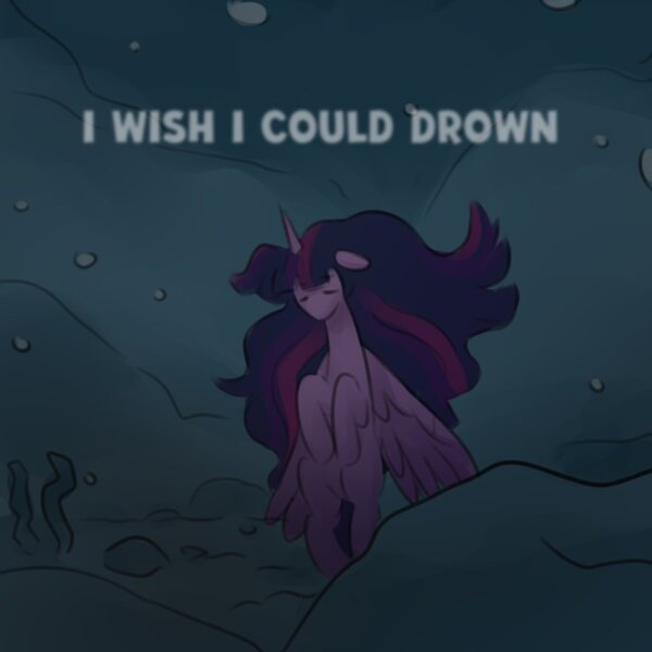 Size: 1080x1080 | Tagged: semi-grimdark, artist:makaryo, derpibooru import, part of a set, twilight sparkle, twilight sparkle (alicorn), alicorn, pony, g5, depressed, eyes closed, female, floppy ears, flowing mane, image, immortality blues, implied suicide, jpeg, mare, narration, older, older twilight, older twilight sparkle (alicorn), sad, solo, text, underwater, water