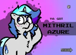 Size: 1097x788 | Tagged: safe, artist:thegemstallion, derpibooru import, oc, oc:mithril azure, unofficial characters only, pony, unicorn, banned from equestria daily, blue eyes, blushing, gradient background, horn, image, implied sex, male, png, solo, splash art, stallion, style emulation, text, ya got