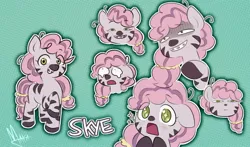 Size: 1842x1080 | Tagged: safe, artist:makaryo, derpibooru import, pony, zebra, g5, braces, eye clipping through hair, female, filly, floppy ears, foal, grin, image, jpeg, looking at you, name, open mouth, open smile, signature, skye, smiling, smiling at you, solo, teary eyes