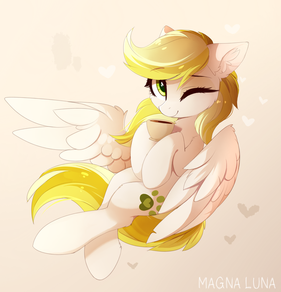 Size: 2945x3057 | Tagged: safe, artist:magnaluna, derpibooru import, oc, oc:dandelion blossom, unofficial characters only, pegasus, pony, cheek fluff, coffee, coffee cup, cup, ear fluff, eyebrows, eyebrows visible through hair, female, flying, heart, high res, image, looking at you, mare, one eye closed, pegasus oc, png, smiling, smiling at you, solo, spread wings, tail, wings, wink, winking at you