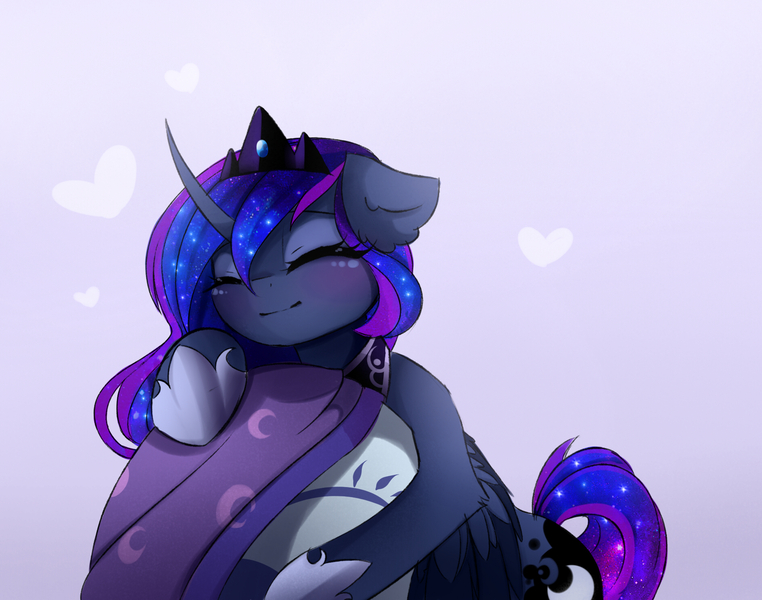 Size: 1883x1482 | Tagged: safe, artist:magnaluna, derpibooru import, princess luna, alicorn, pony, g4, blanket, crown, curved horn, dragon egg, egg, eyes closed, eyeshadow, female, heart, hoof shoes, horn, image, jewelry, jpeg, makeup, mare, princess shoes, regalia, snuggling, solo