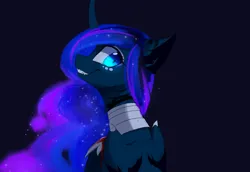 Size: 3344x2300 | Tagged: semi-grimdark, artist:magnaluna, derpibooru import, princess luna, alicorn, pony, g4, blood, curved horn, ear fluff, ethereal mane, fangs, female, galaxy mane, high res, horn, image, jpeg, looking back, mare, neck fluff, rear view, simple background, smiling, solo, wings